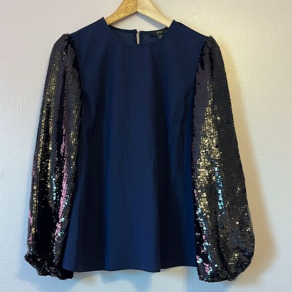J Crew Sequin Crepe Long Sleeve Blouse Navy Blue Sz Small Statement Preppy New - Picture 5 of 12